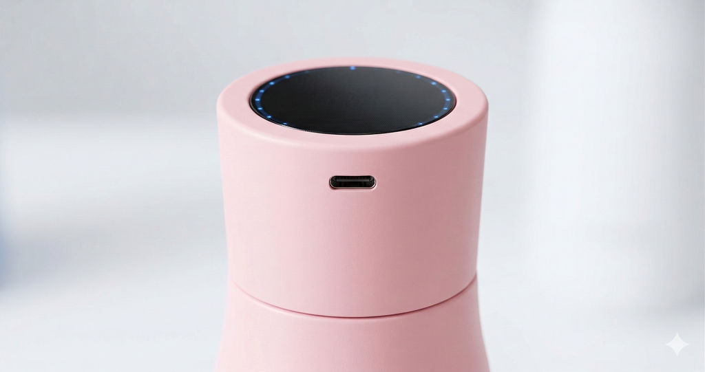 Pink cylindrical device with a black top on a light gray background