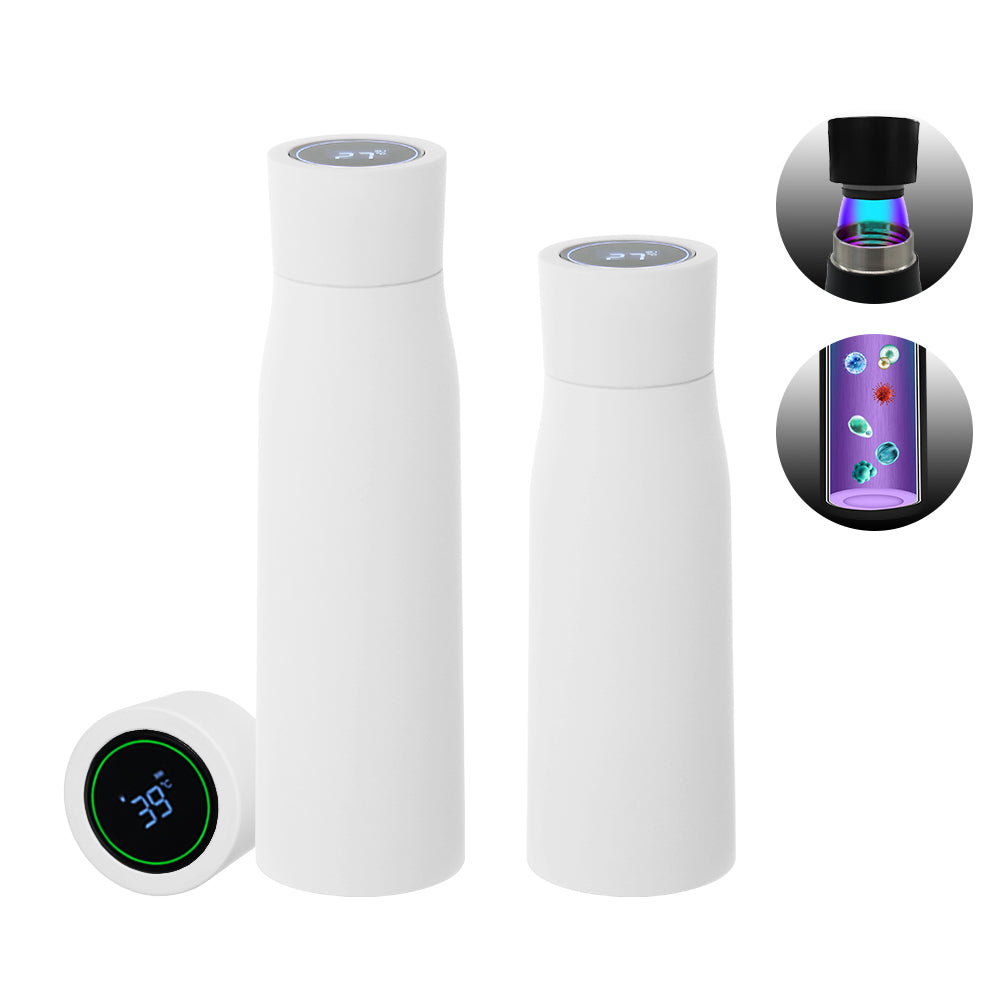 White smart water bottle with digital display on a white background