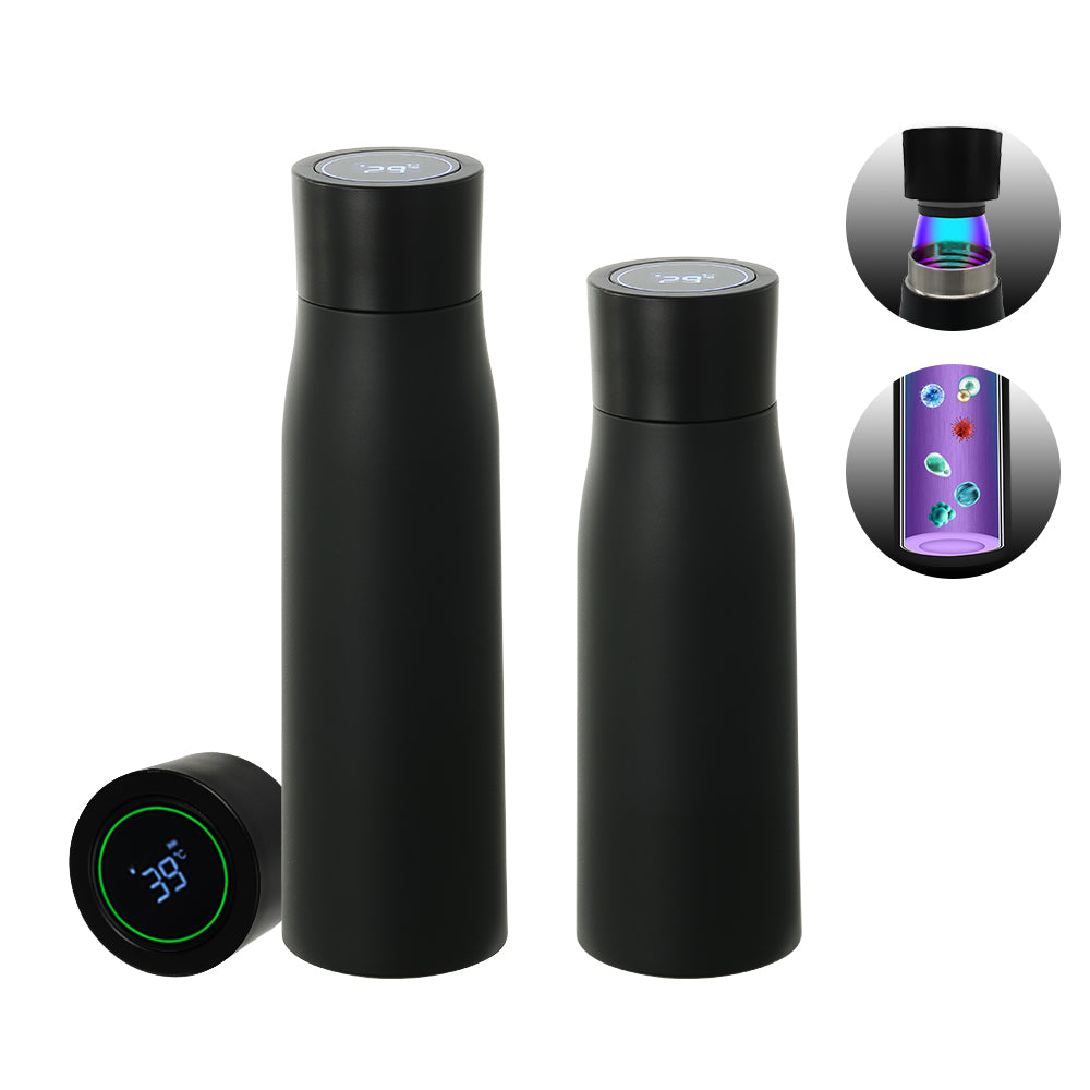 Black smart water bottle with digital display on a white background