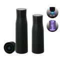 Black smart water bottle with digital display on a white background